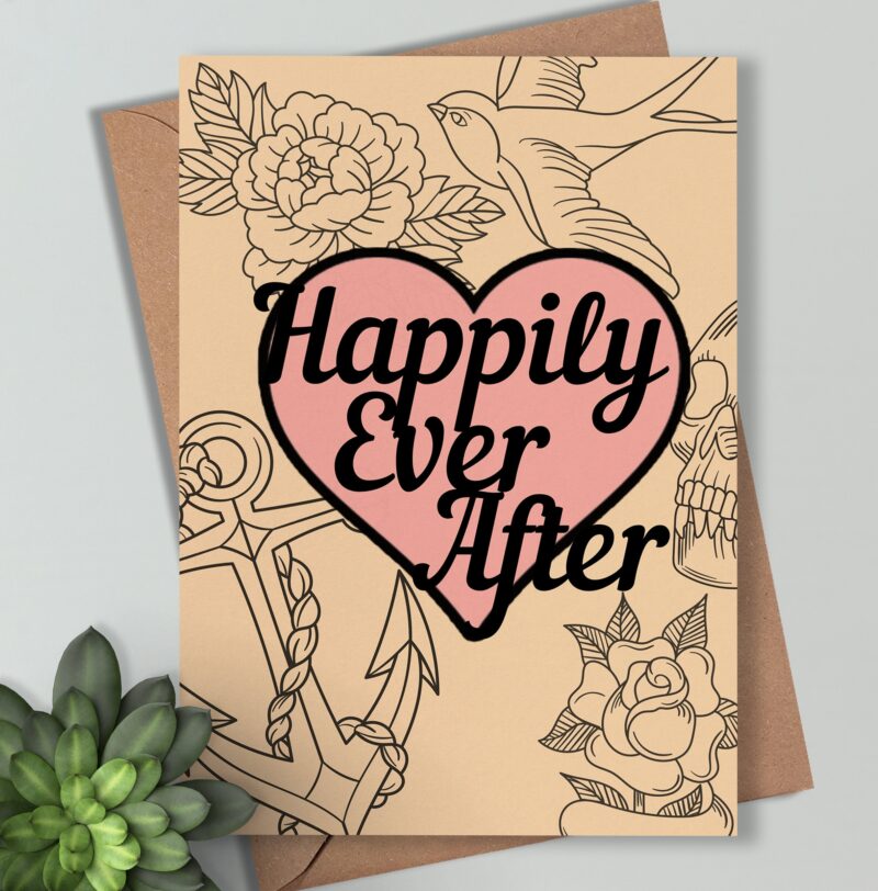 Tattoo Couple Card Multiple skin tone options - Happily Ever After With Tattoo Design. Wedding Engagement love card, alternative gothic Gift