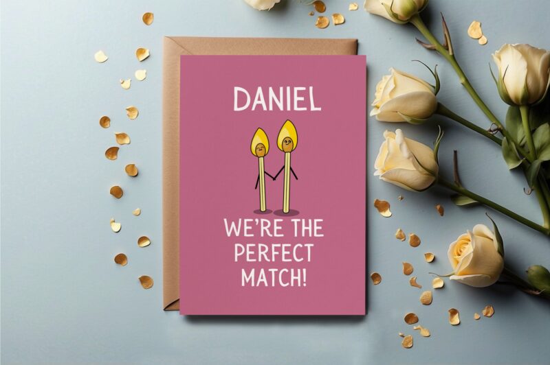 Personalised Birthday Love Anniversary 5X7 Handmade Greetings Card - We're The Perfect Match Design With Custom Name Optional. For Him Her