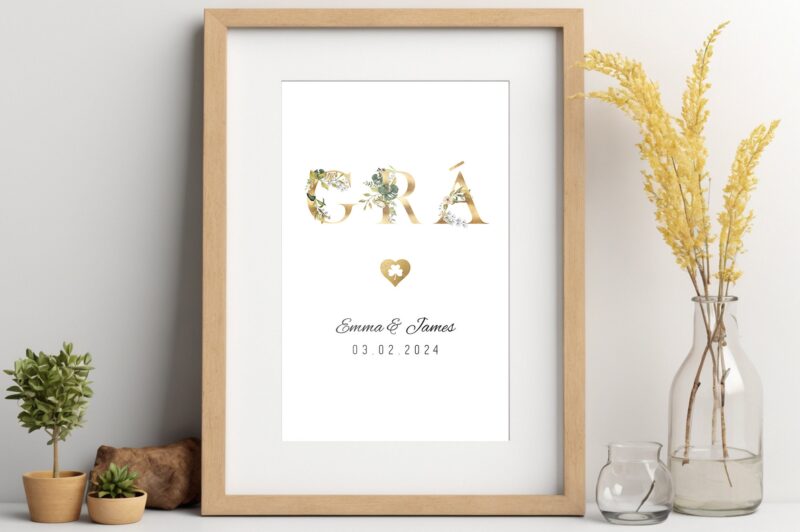 Personalised Irish Wedding Gift. Grá Gold Love A4 Gift Print - Custom Name And Date . Ireland Wedding and Engagement Happy Couple Gra gift.