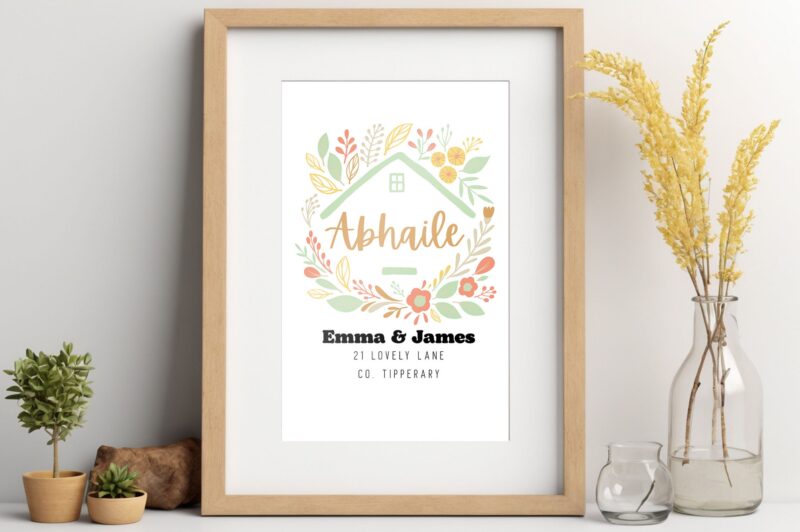 Personalised Irish Abhaile Floral Home A4 Gift Print - Custom Name And Address. Housewarming Gift, Home From Home, Moving Keepsake Gra gift.