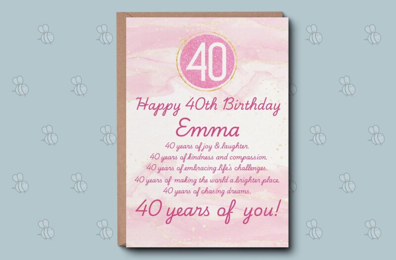 Personalised 40th Birthday Card - 40 Years Pink Glitter Greetings Card. Birthday For her, Special Age Birthday Card, Sister Wife Friend