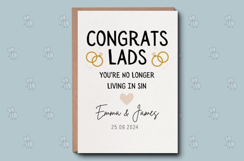 Personalised Wedding Card - Congrats Lads No Longer Living In Sin. Funny On Your Wedding Day Card. Irish Wedding Card, For The Happy Couple.