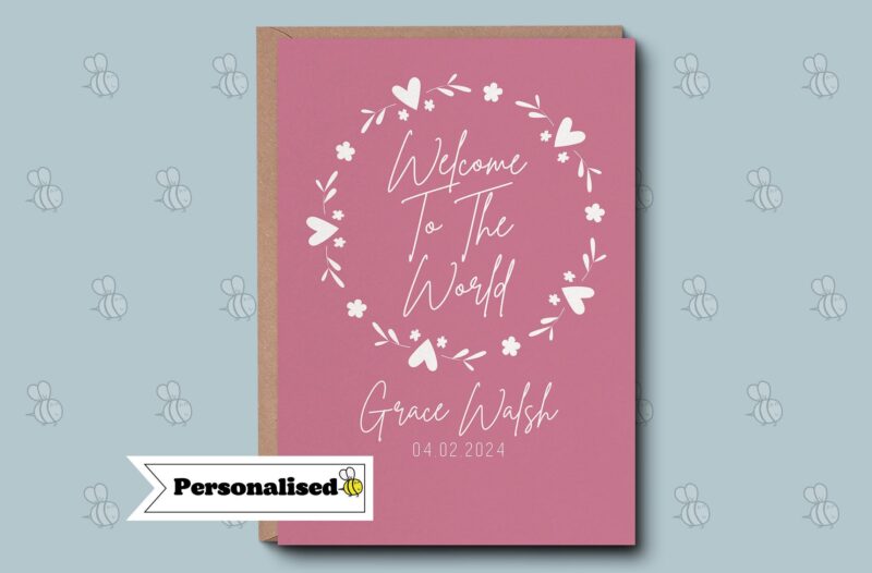 Personalised New Baby Girl Gift - Welcome To The World Name Keepsake Card. Pink & White Floral Design. Baby's Name and Birth Date.