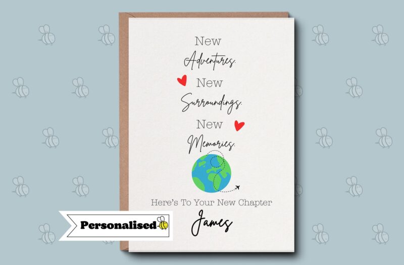 New Adventures Good Luck Card - Personalised Moving Abroad Emigrating Greetings Card. Safe Travels Moving Away. Bon Voyage Card. 5 x 7 inch.