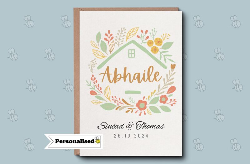 Personalised Irish Abhaile Floral Home Greetings Card - Custom Name And Date. Housewarming Gift, Home From Home, Moving Keepsake Gra gift.