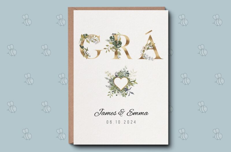 Personalised Wedding Gift Grá Floral Irish Love luxury Greetings Card - Newly Engagement Married Happy Couple Personalised Keepsake Gift.