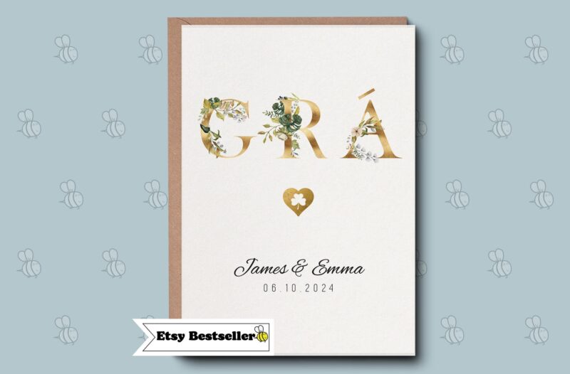 Grá Irish Love Personalised Wedding Gift & Engagement luxury Greetings Card - Newly Married Couple Personalised Keepsake Gift.