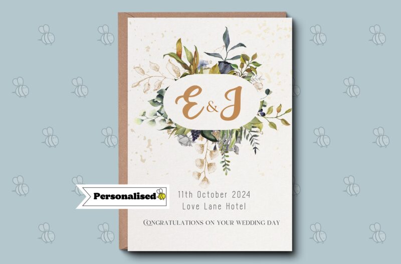 Personalised Wedding Card - Floral Name Date Place Greeting Card - Congratulations On Your Wedding Day Card - Wedding Gift Card - Gold