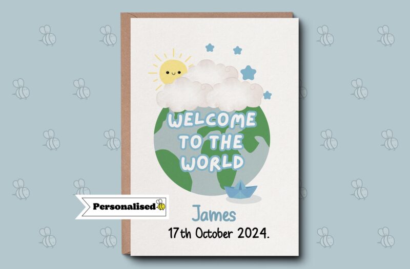 Personalised Baby Boy Card Welcome To The World, New Baby. Congratulations On The Birth Of. For Son Grandson Nephew Cousin Brother Godson