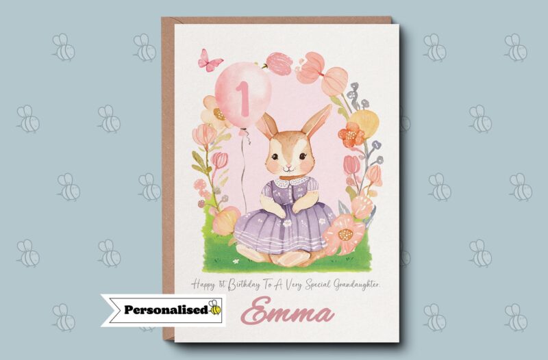 Granddughter first birthday card - Personalised Cute Card For Girls Bunny Rabbit Vintage 1st Birthday Gift Watercolour Daughter Niece Cousin