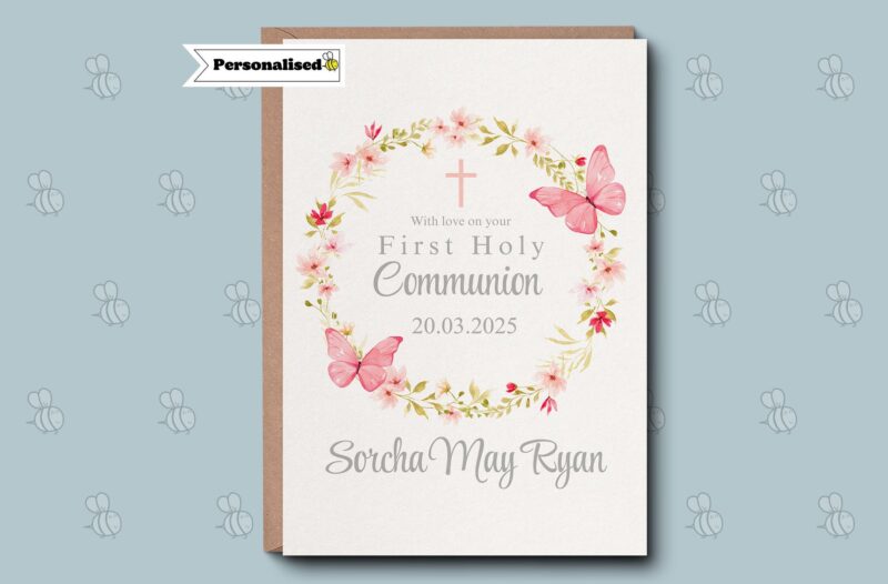 First Holy Communion Card - Personalised Pink Floral Butterfly Card. For Girls, Daughter, Niece, Grandaughter, God-Daughter. Holy Communion