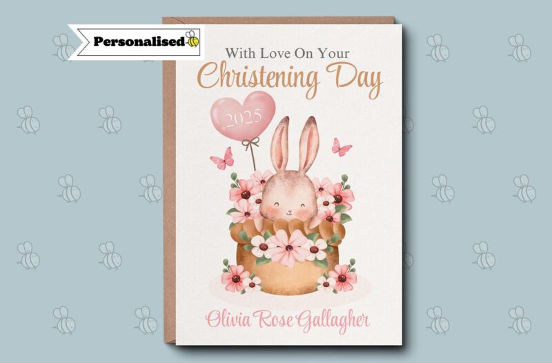 Christening Card For Girl - Cute Bunny Card. On Your Special day, Christening Day. Personalised Card, For Niece, Goddaughter, Granddaughter.